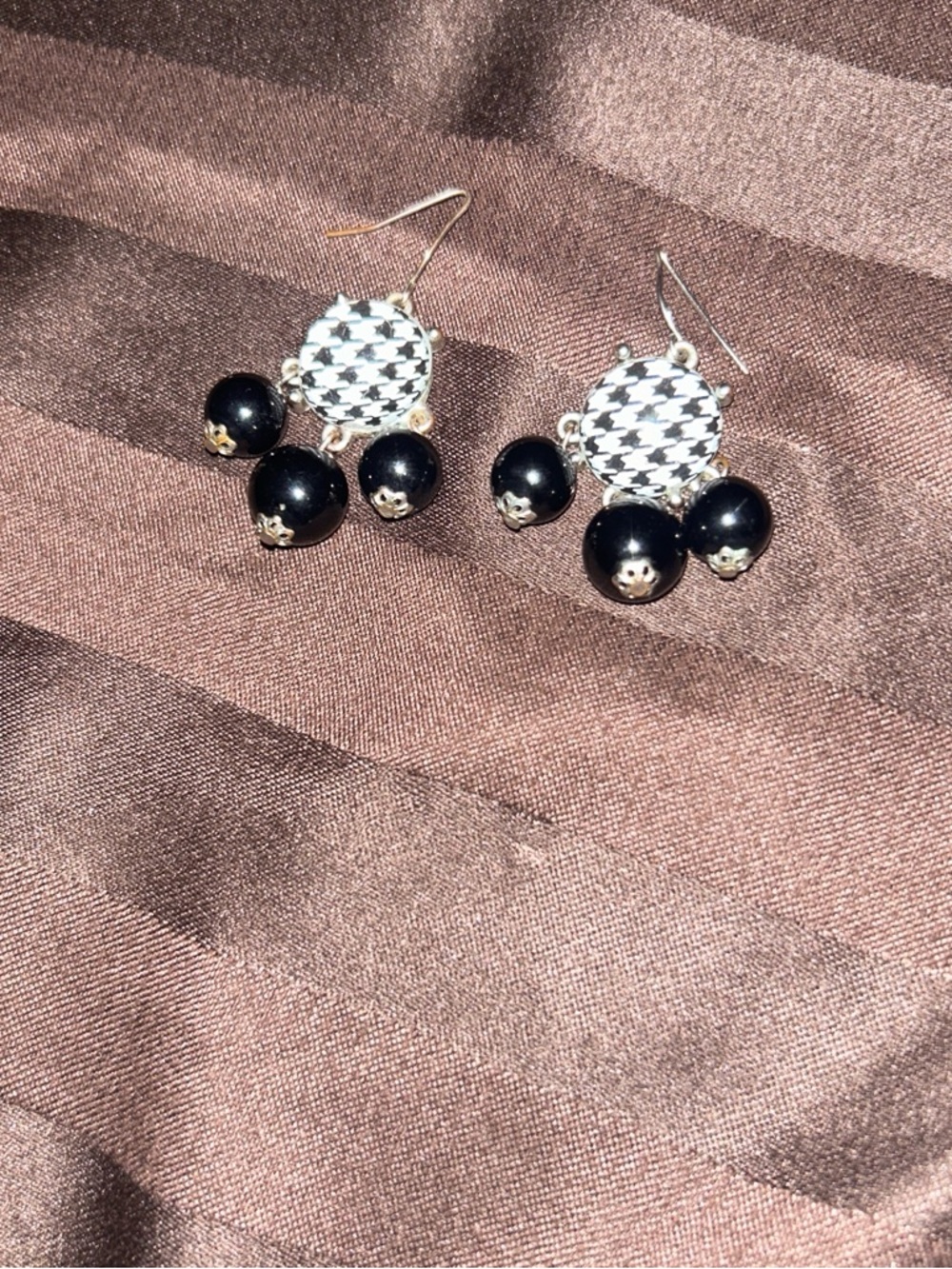 Black Houndstooth Drop Earrings with Bead Accents